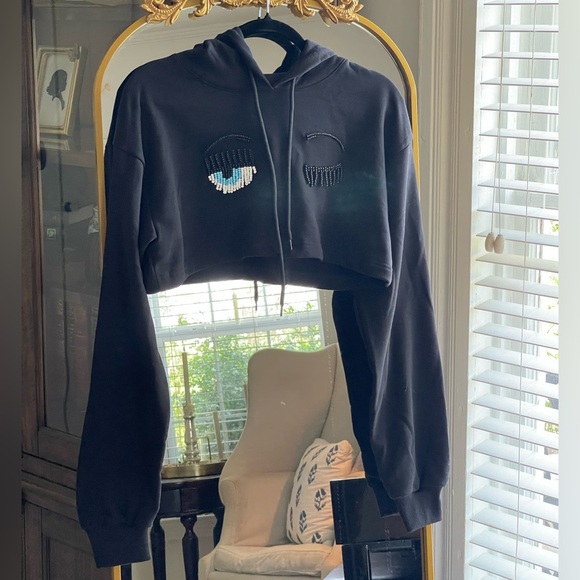 Chiara Ferragni Tops - Chiara Ferragni NWT Black Cropped Hoodie with Flirting Beaded Wink Detail